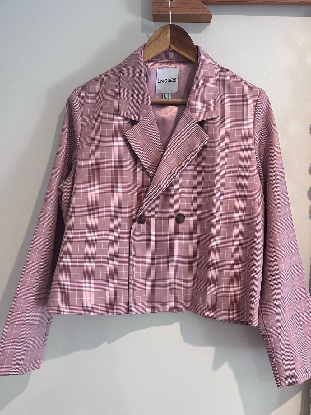UNIQUE 21 Women's One Button Double Breasted Blazer Jacket 10 Med Pink Plaid